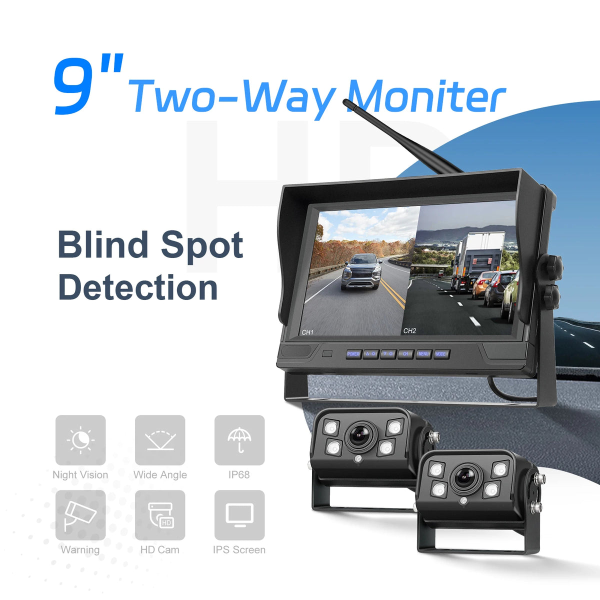 Podofo moniteur automobile IPS 9 pouces avec 2 caméras de recul sans fil IP68 étanche vision nocturne infrarouge caméra de recul pour camping-car