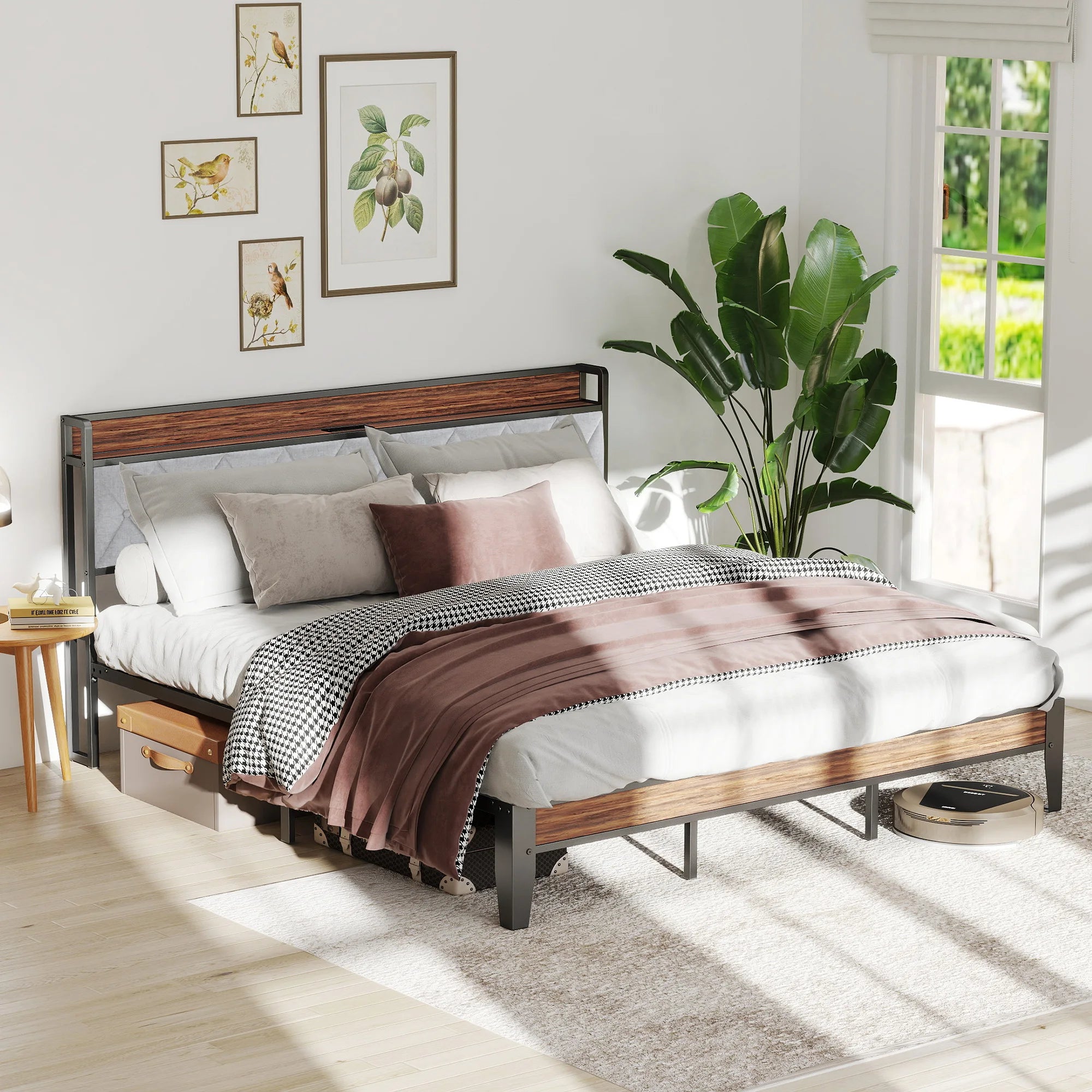 King Size Metal Bed Frame with Storage & Charging Headboard