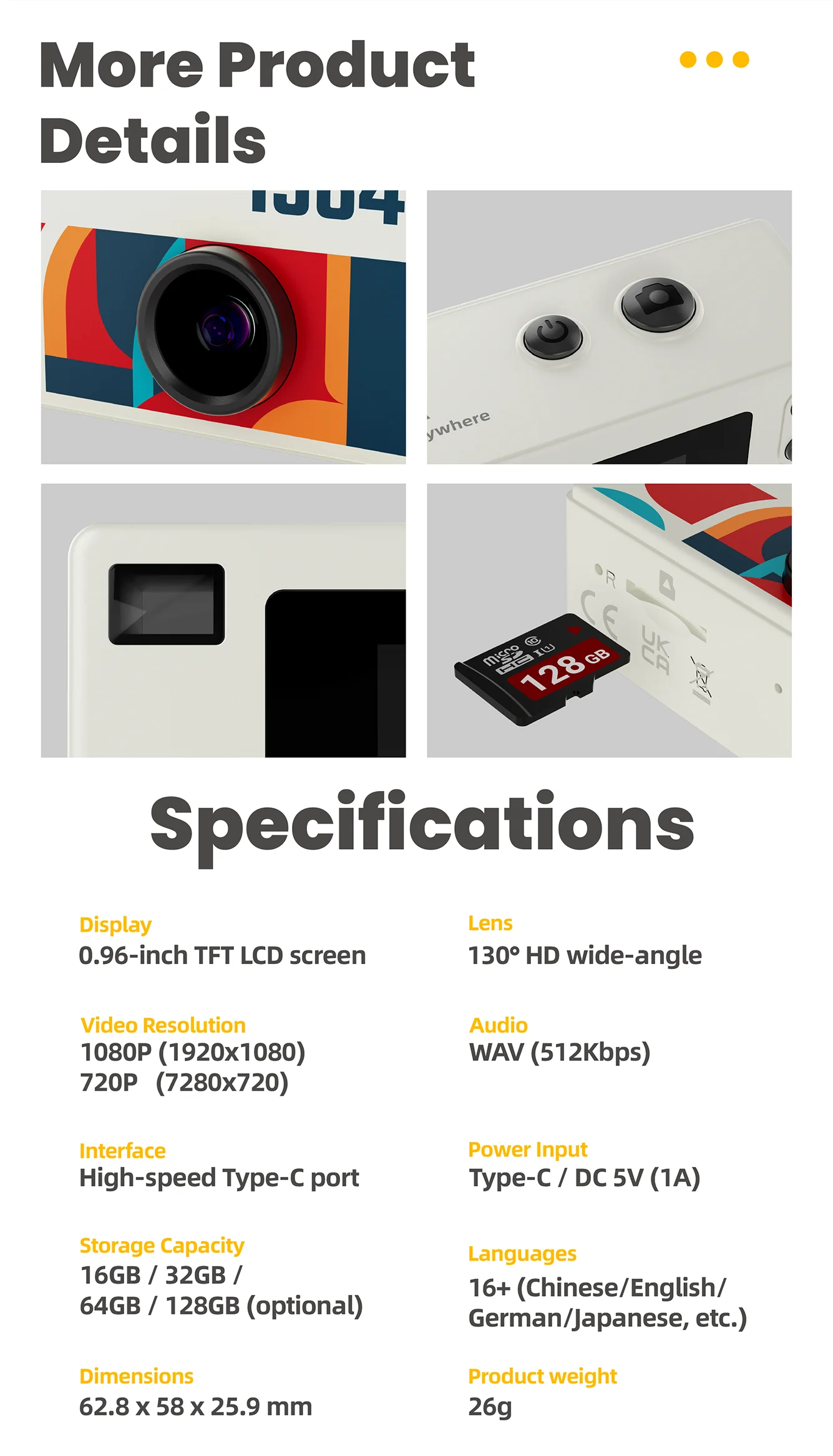 1080P Thumb Mini Camera with 130° Lens, LCD Screen & Fill Light