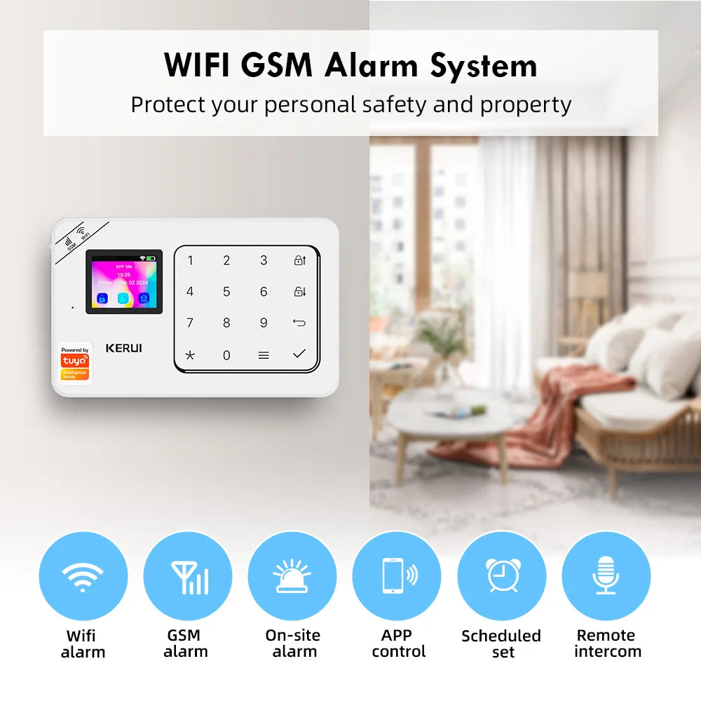 ES Delivery KERUI domáci alarm WiFi GSM alarmný systém kompatibilný s Tuya Smart 433MHz Ochrana domova Alexa PIR pohybový senzor