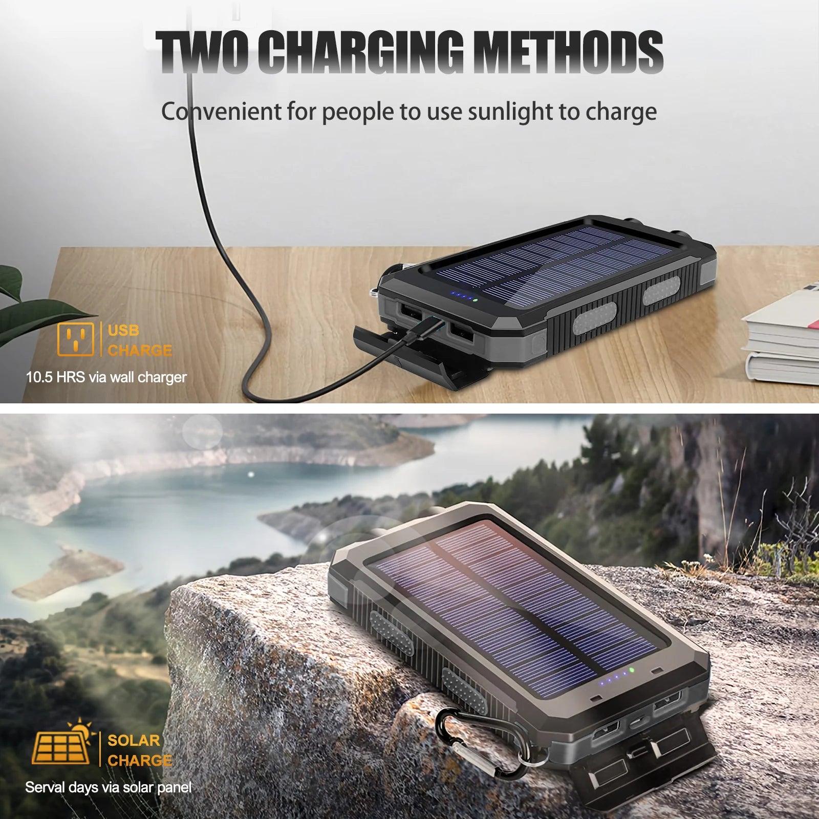 Power bank solarny 10000mAh z podwójnym USB, latarką LED i wodoodporną konstrukcją