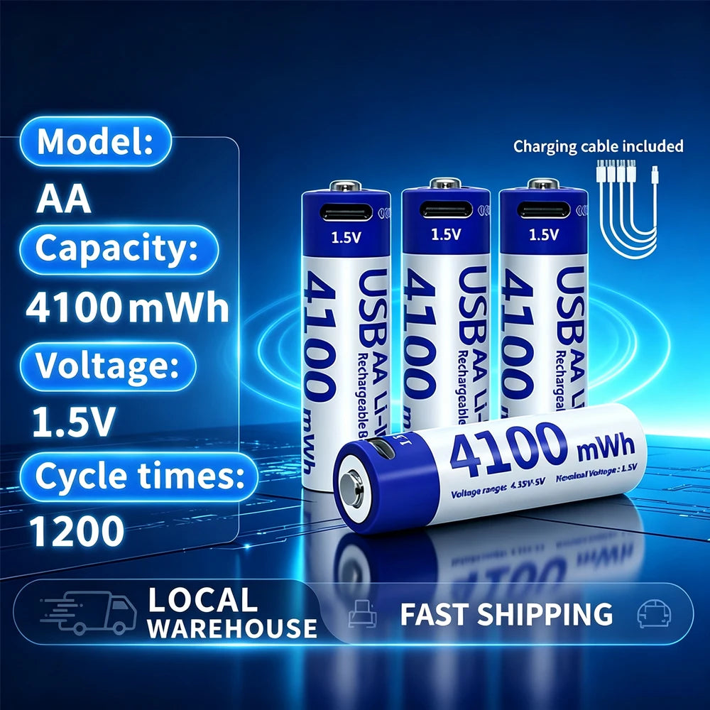 Kuugro AA 1.5V 4100mWh USB Rechargeable Battery Type-C Rechargeable AA Li-ion Battery for Remote Control Smart Door Lock Toys