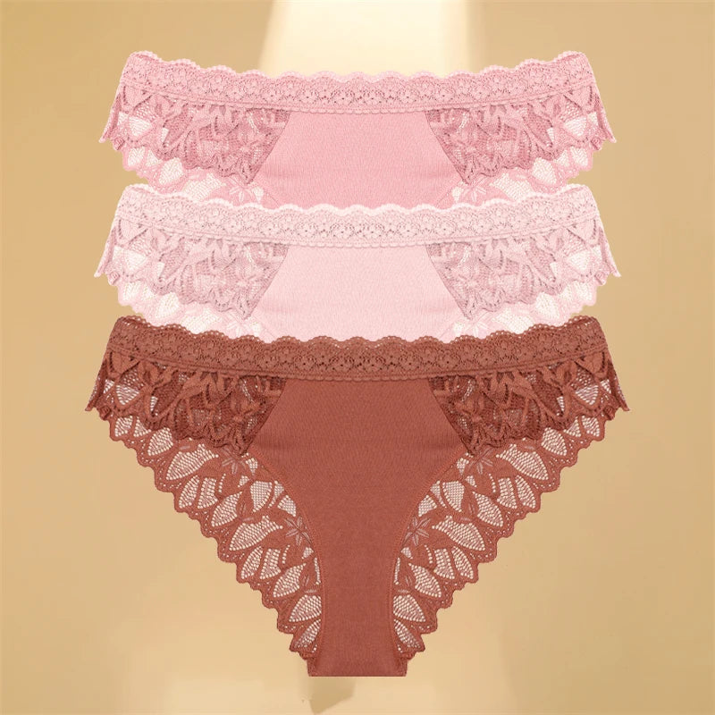 FINETOO 3Pcs Lace Hollow Out Underwear for Women Sexy Low-Waist Floral Briefs Female Invisible Breathable Lingerie Soft Intimate 
