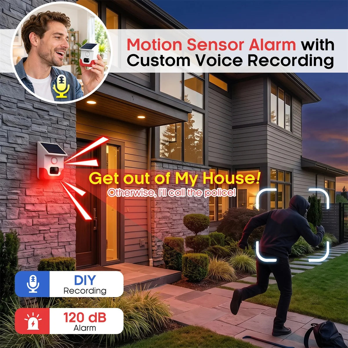 120° Detection Solar Alarm 120dB 4 Working Modes Solar-powered PIR Motion Detection Alarm For Home Courtyard Security