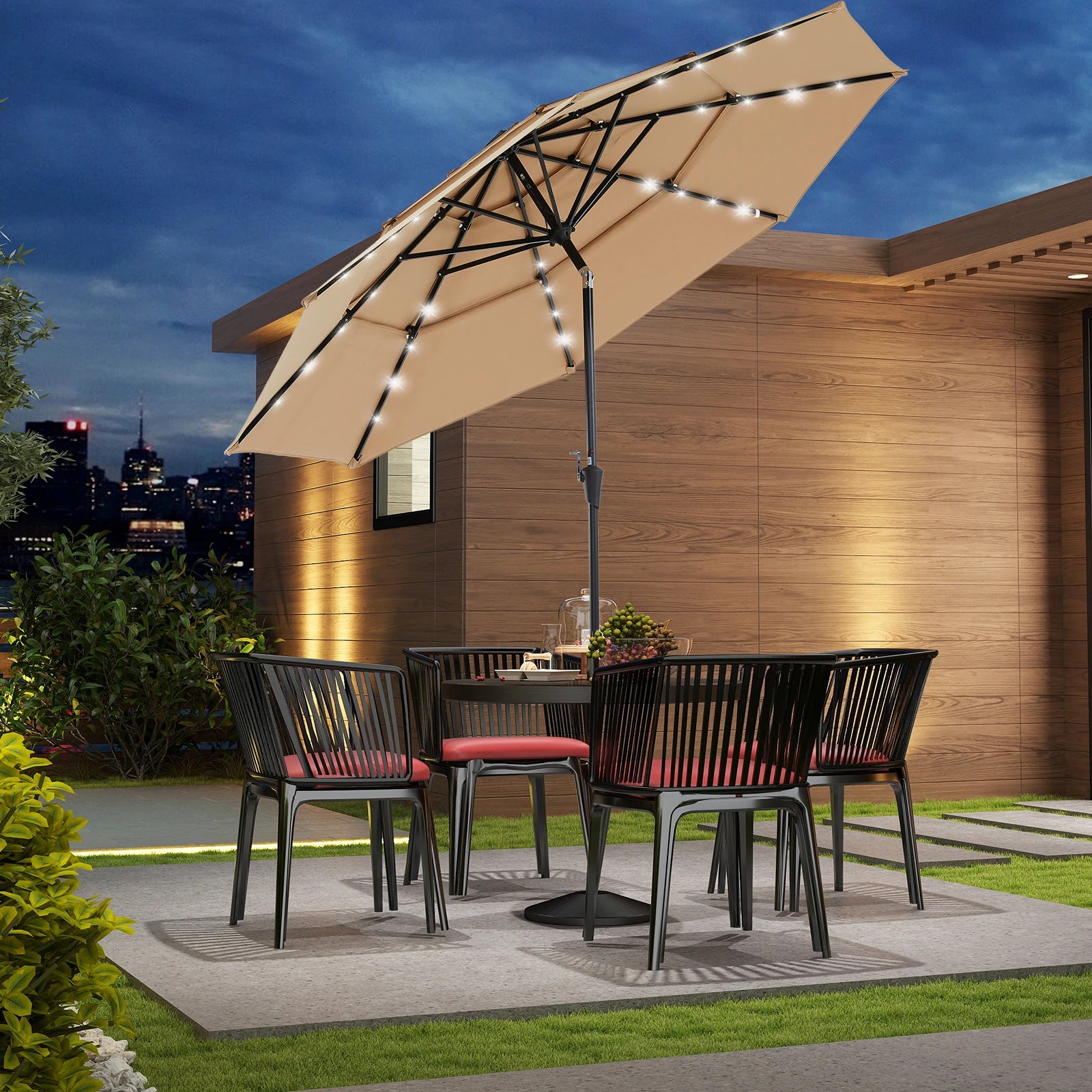 JHK 3-stufiger 10FT Outdoor-Terrassenschirm mit 32 LED-Lichtern, Kurbel, 8 stabilen Rippen, Tischschirm für Pool, Strand und Außenbereich