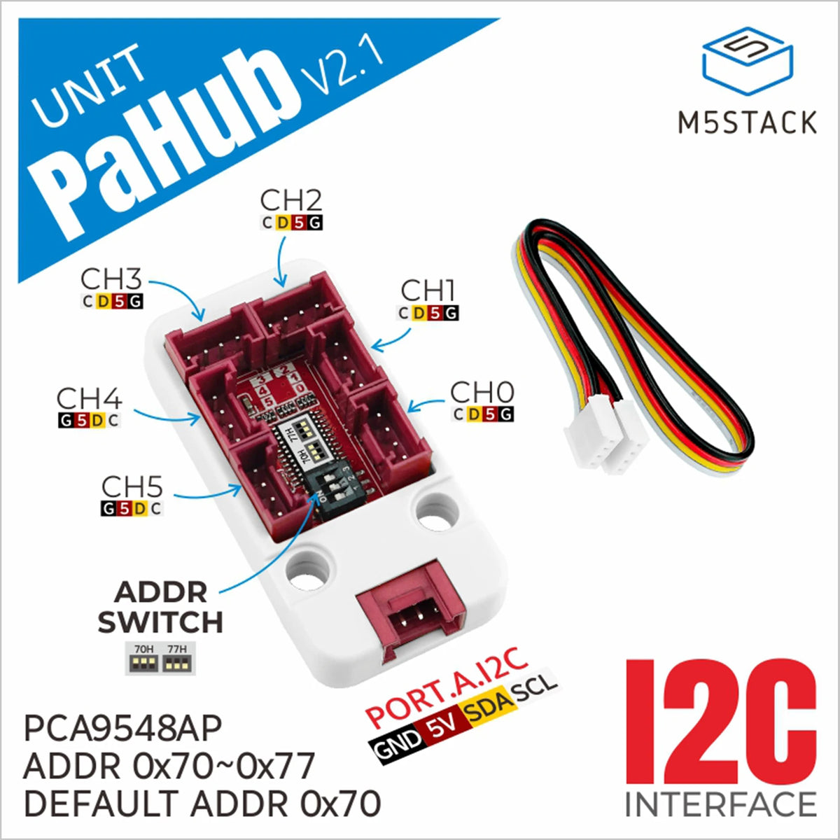 M5Stack Hivatalos PaHub v2.1 egység I2C hub 1 to 6 bővítés DIP kapcsoló multiplexerek IoT fejlesztő készlet (PCA9548AP)