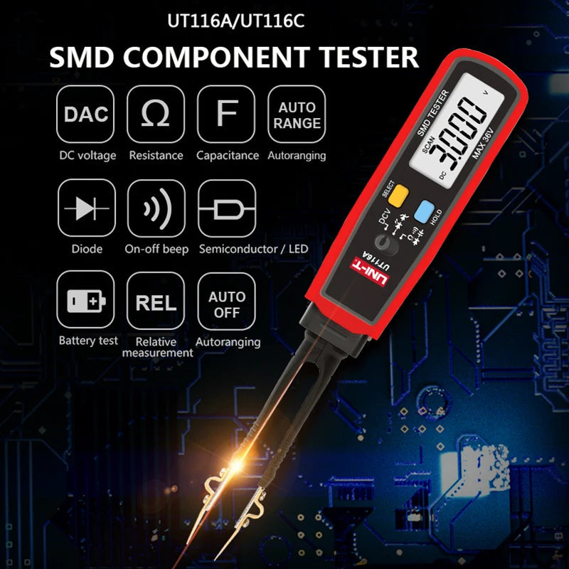 UNI-T UT116C UT116A SMD Tester Meter Rotable Tweezer Resistance Capacitance LED Diode Continuity Battery Tester 
