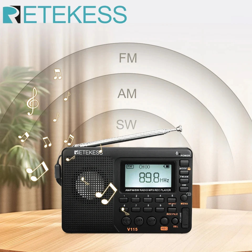 RETEKESS V115 Radio FM AM SW Portable Radios Rechargeable  Radio Batteries multiple bands  USB Recorder Speaker for Elders TX32 