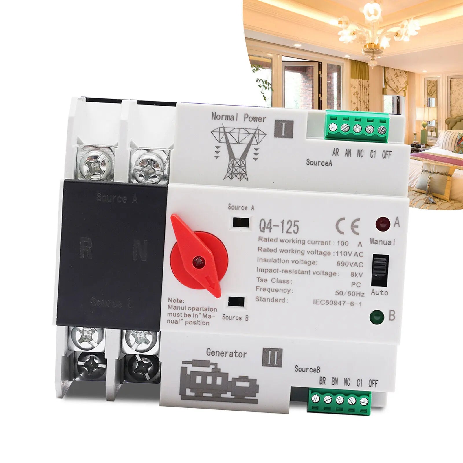 100A Dual Power Automatic Transfer Switch 2P ATS 110V