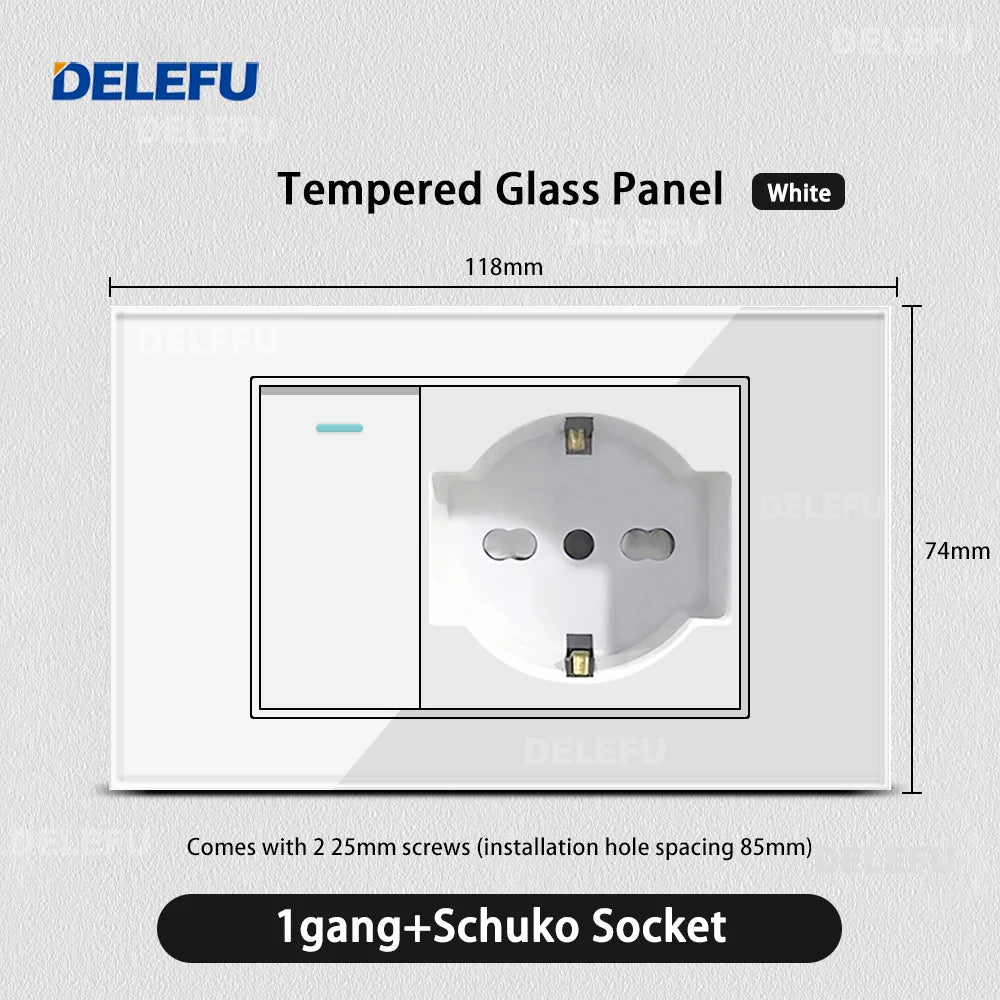 DELEFU White Tempered Glass Italy USB TypeC Fast Charging Wall Socket Schuko Tuya Wifi Smart Switch Sat TV Tel Doorbell Chile 