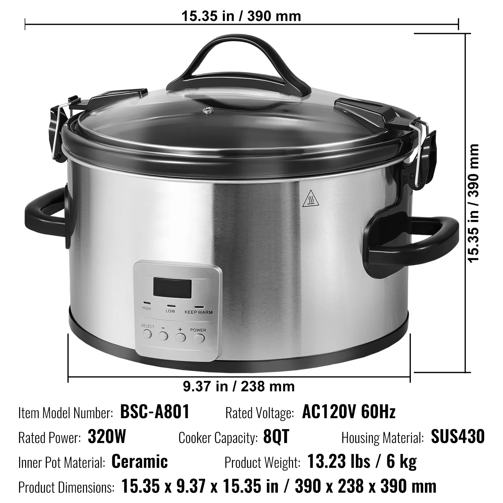 8QT Digital Slow Cooker with Ceramic Pot & Locking Lid