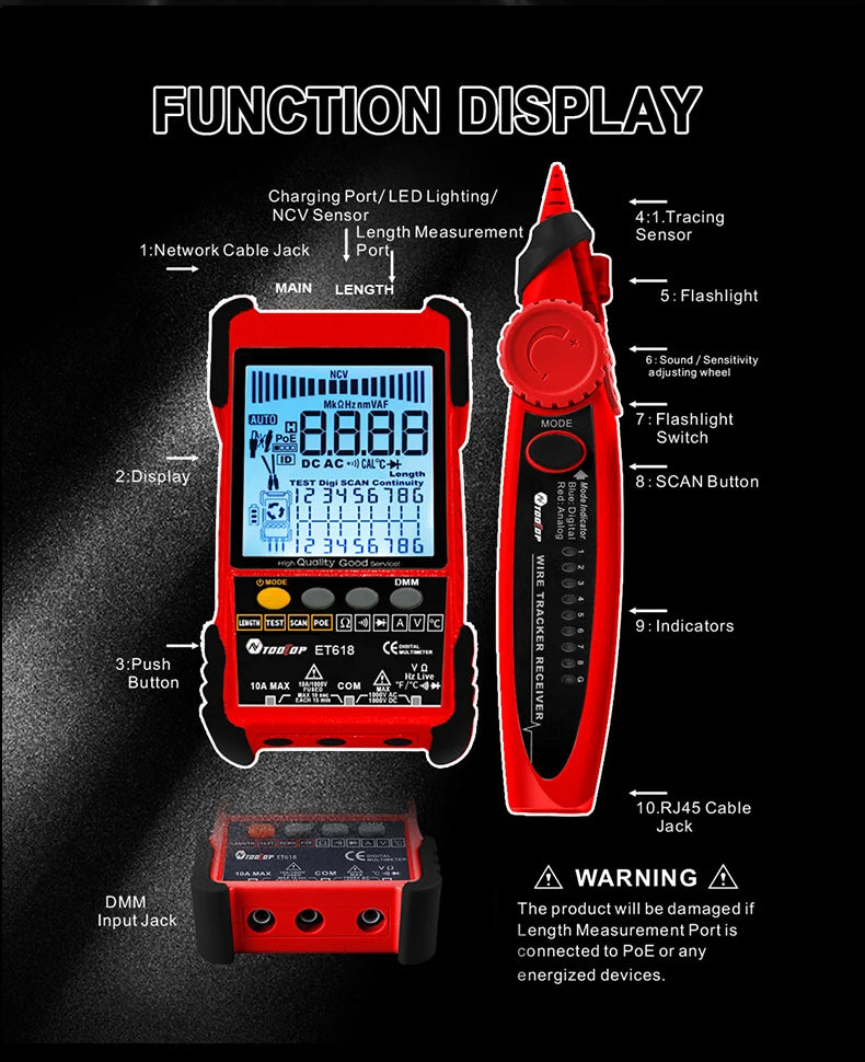 TOOLTOP Network Cable Tester Multimeter Lan Cable Tracking POE Test 400M/600M Length Measure Sensitivity Adjustable Line Tracker 