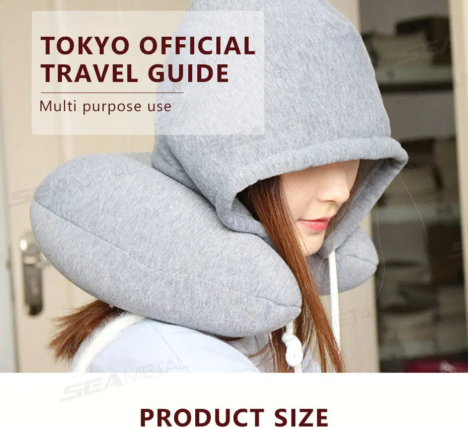 SEAMETAL Portable Neck Pillow for Long Travel U-Shape Neck Rest Pillow with Hood Privacy Protection Passenger Headrest Pillow
