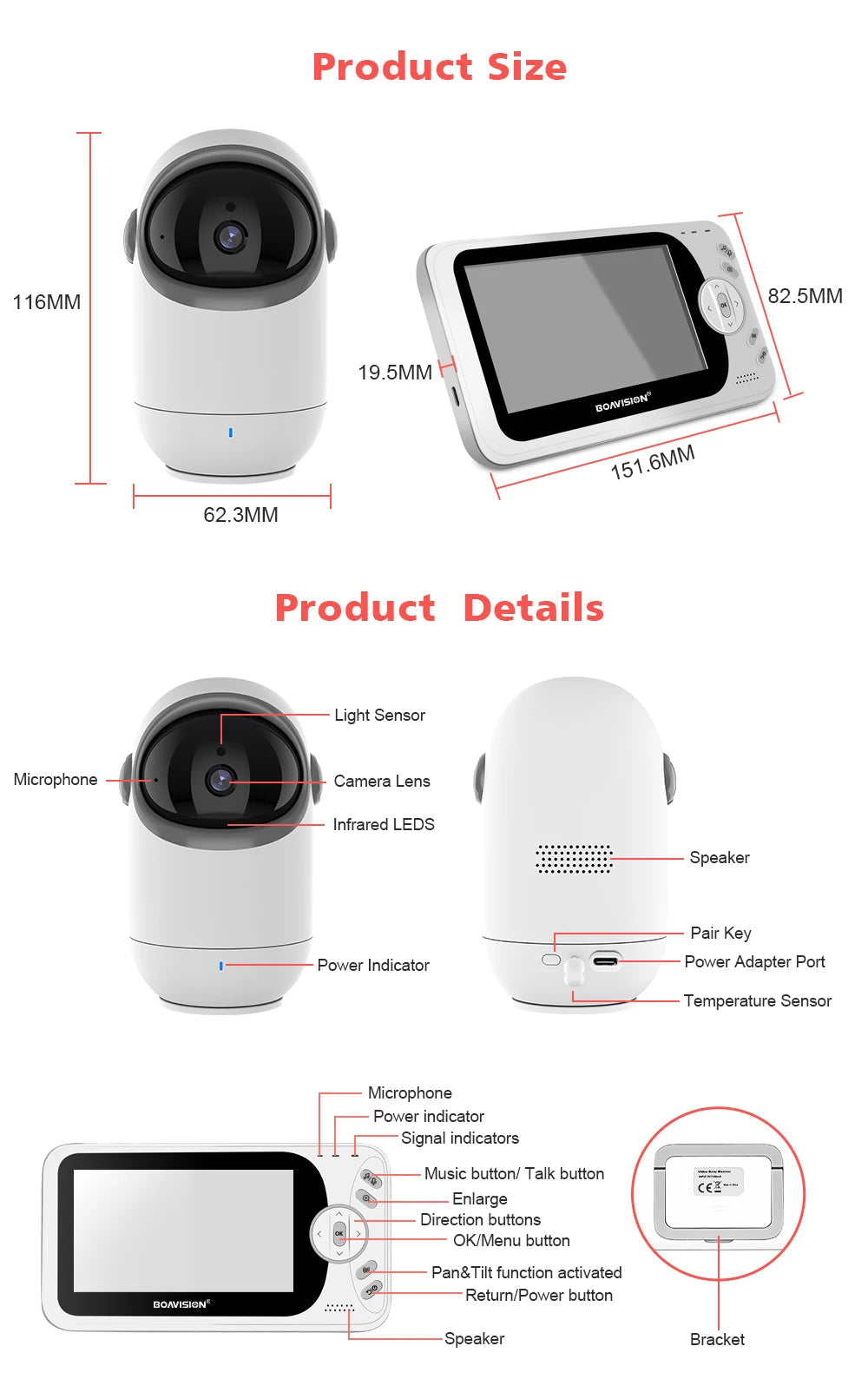 4.3 Inch Video Baby Monitor With Pan Tilt Camera 2.4G Wireless Two Way Audio Night Vision Security Camera Babysitter VB801 