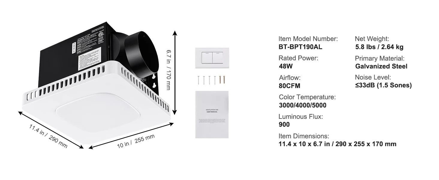 Bathroom Exhaust Fan with LED Light 80/110 CFM Quiet Heating