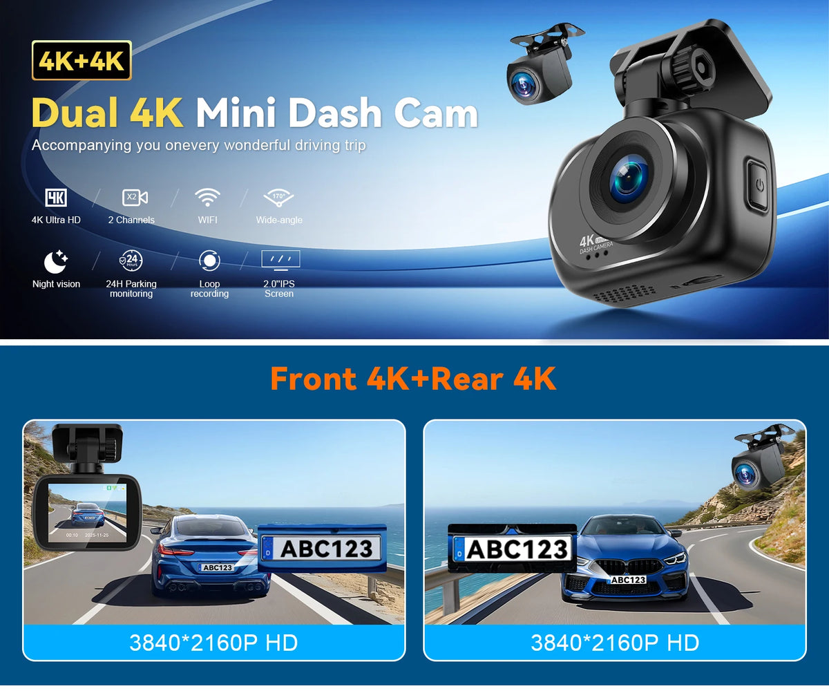 Soam 4K+4K Dash Cam Front and Rear Built-in WiFi 170°Wide Angle 2" IPS Screen Night Vision WDR 24H Parking Mode Mini Black Box