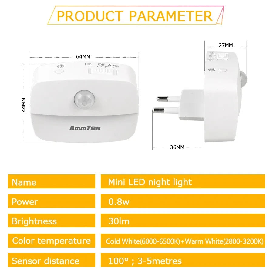 LED-natlampe med bevægelsessensor, 220 V, EU-stik, smart natlampe med bevægelsessensor, varmt og hvidt lys, to farver
