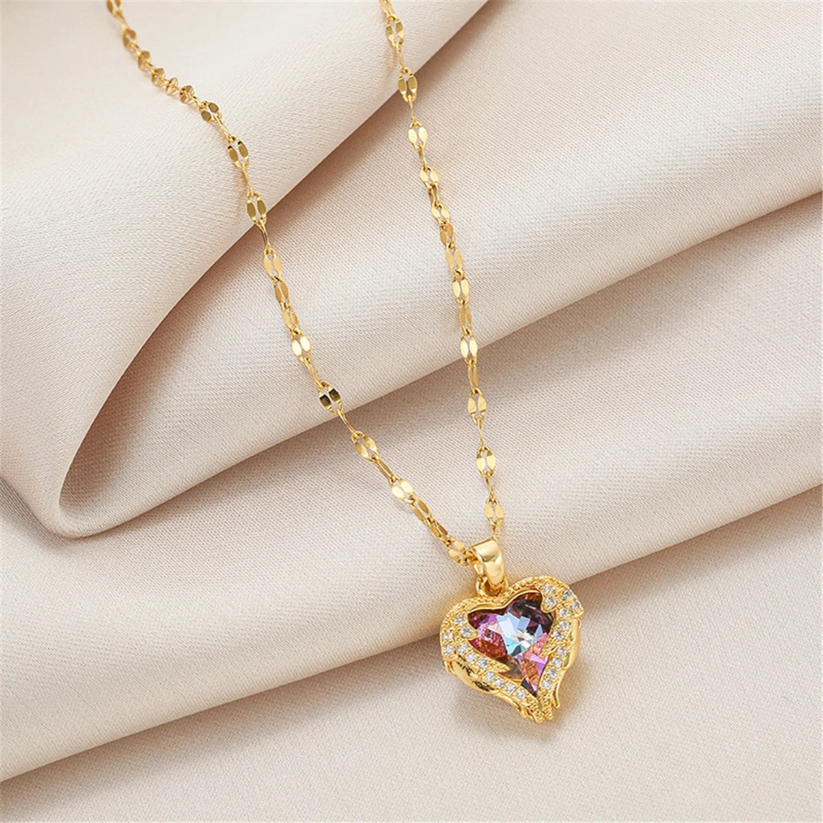 Top Luxury Colorful Crystal Ocean Heart Pendant Necklace For Women Trendy 316L Stainless Steel Jewelry Female Wedding Neck Chain 