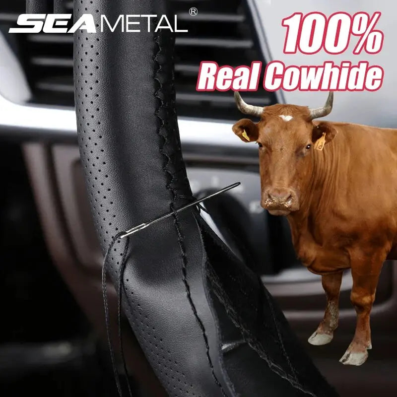 SEAMETAL 100% Genuine Leather Steering Wheel Cover Wear-Resistant Cowhide Car Steering Protection Cover Breathable Anti-Slip