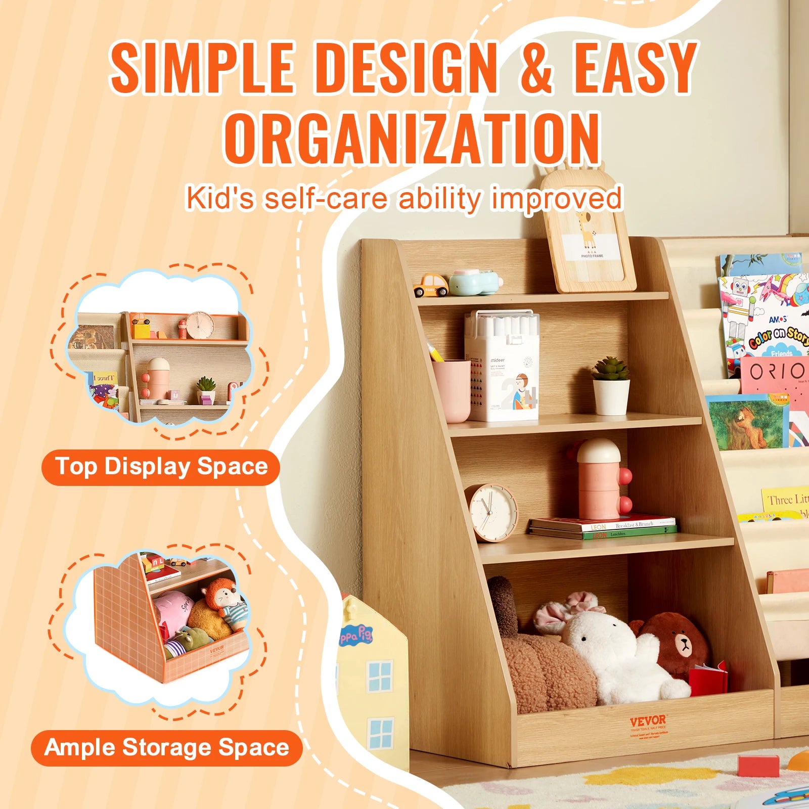 4-Tier Kids Bookshelf with Sling Storage & 10 Compartments
