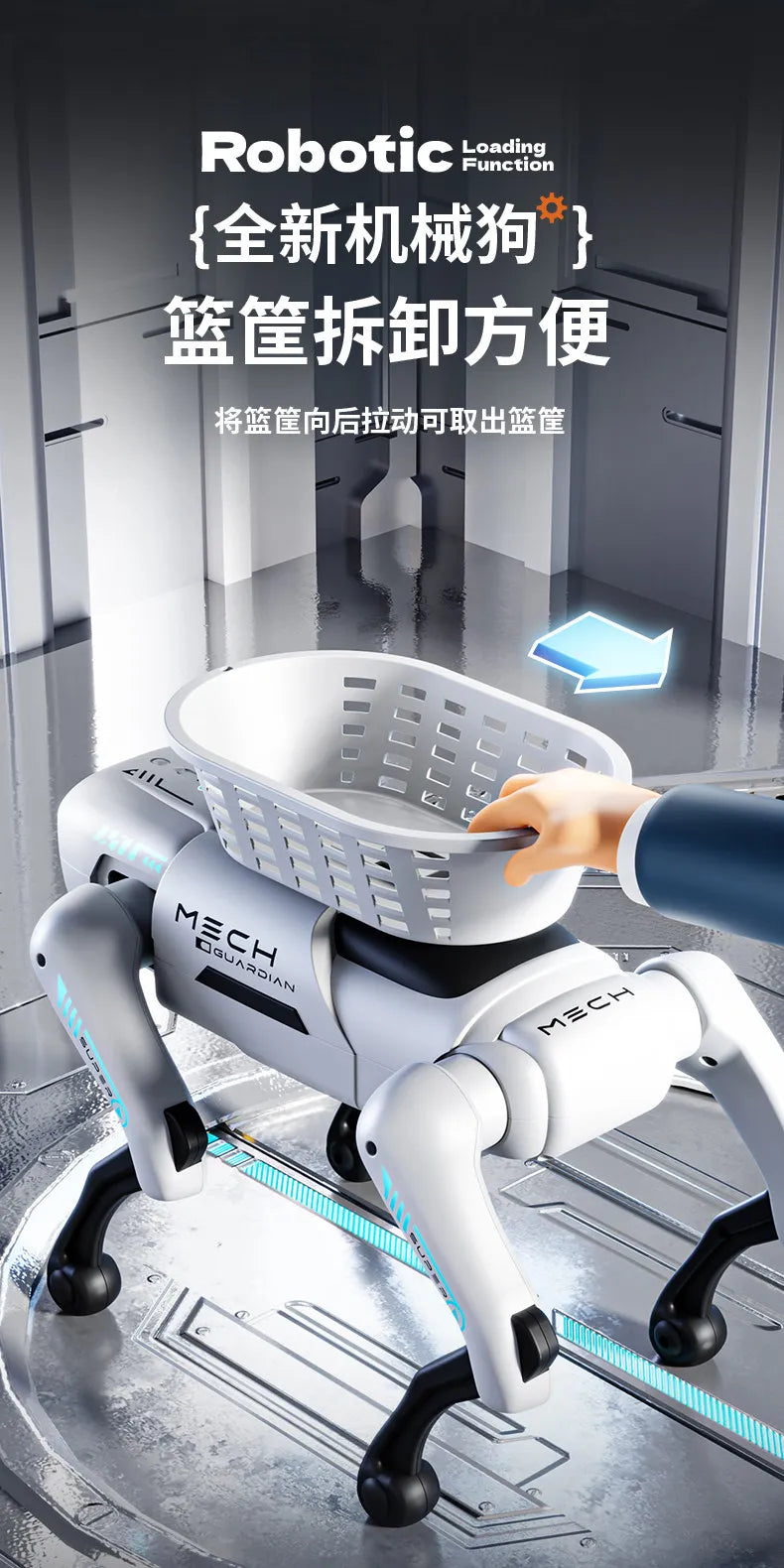 Chien robot intelligent AI télécommandé avec bac de chargement
