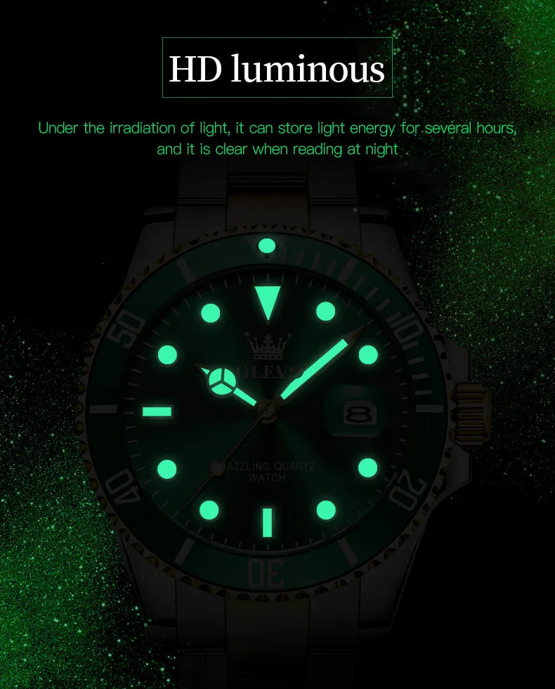 OLEVS Top Original Men Quartz Watch Green Waterproof Watch for Men Stainless Steel Quartz Men Luxury Watch Luminous Wristwatch 