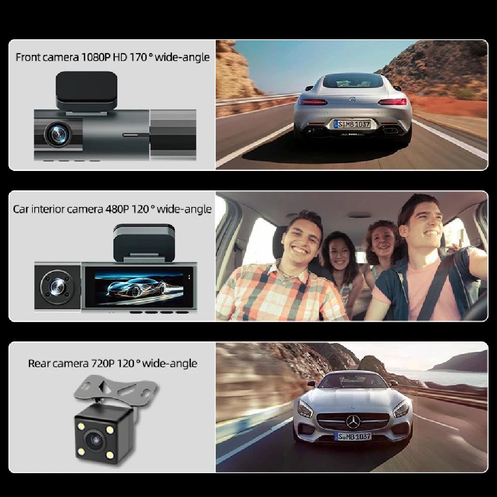 1080P 3-Way WiFi Dash Cam Front Inside Rear with Night Vision