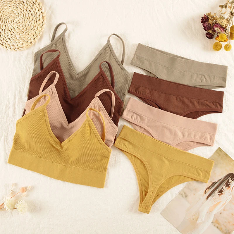 CHRLEISURE Women Underwear Set Wireless Lingerie Panties Bra Sexy G-String Seamless Tank Crop Top Brassiere New 