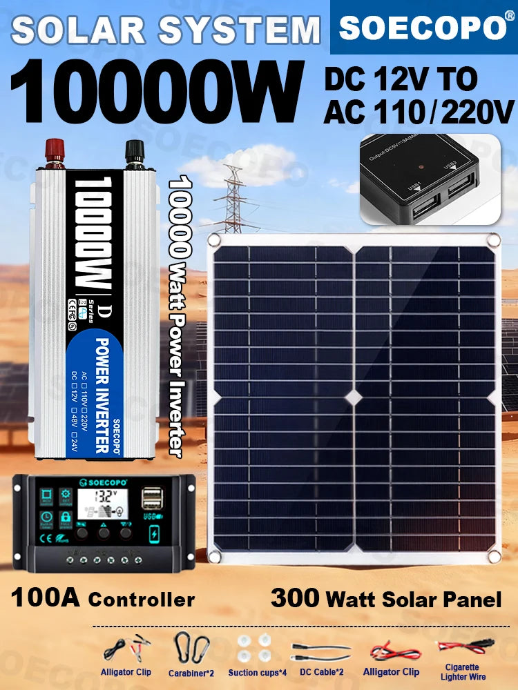Komplet solcellekit 300W panel, 100A controller, 12V inverter