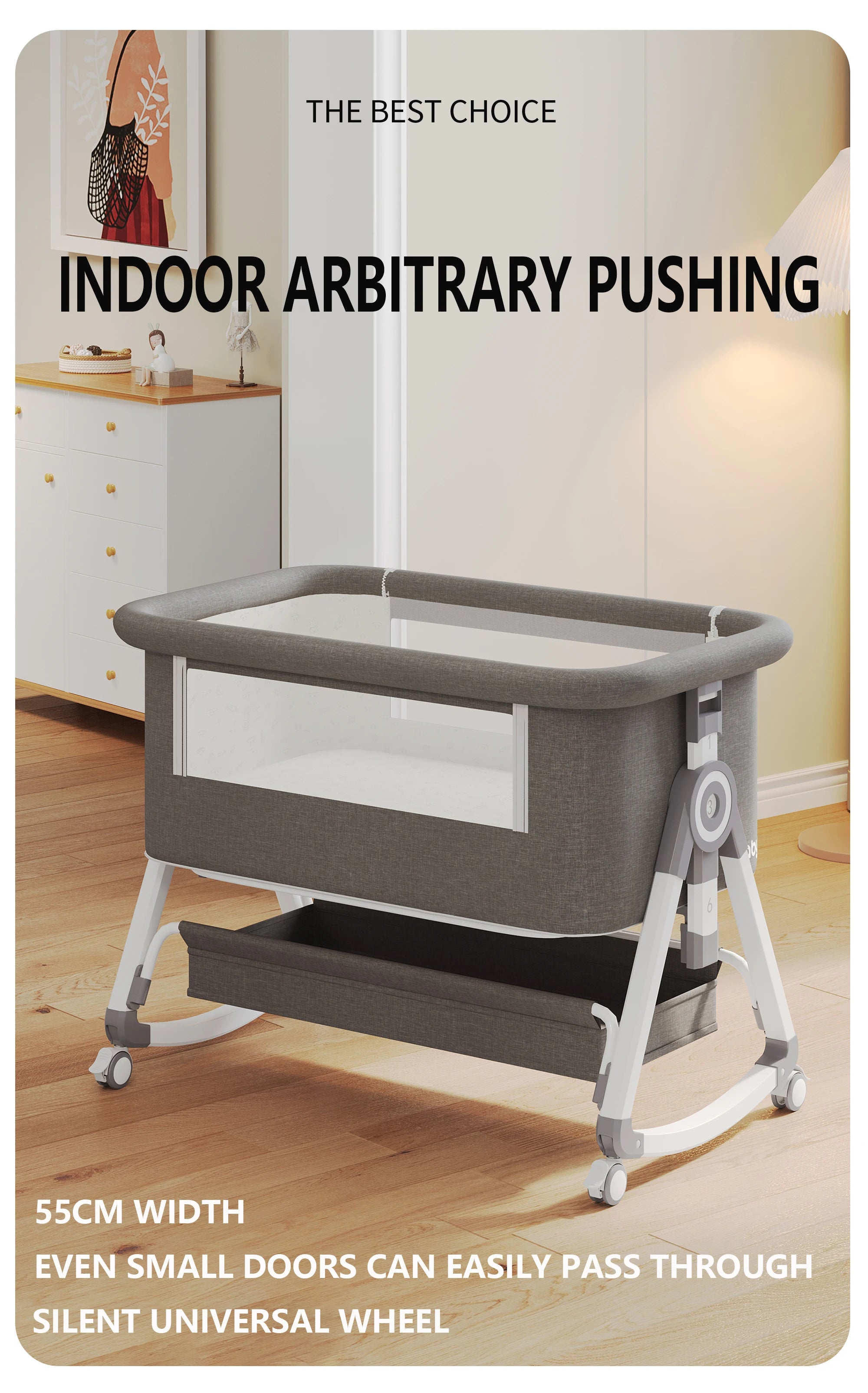 5-in-1 Baby Crib with Adjustable Height, Rocking Mode, Mosquito Net and Storage