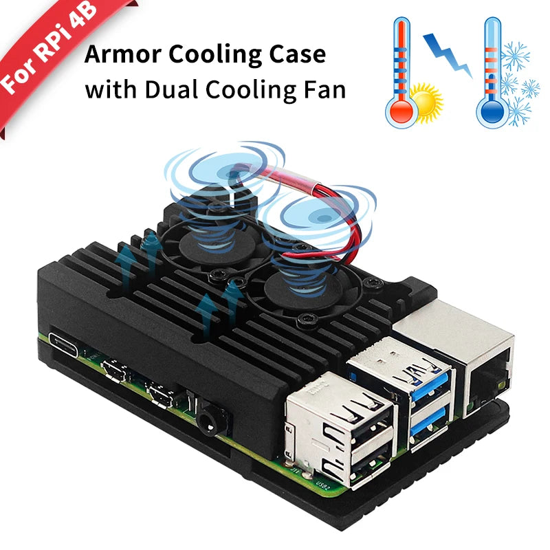 Obudowa do Raspberry Pi 4 Model B z dwoma mini wentylatorami chłodzącymi, aluminiowa obudowa ochronna i chłodząca do RPi 4 4B
