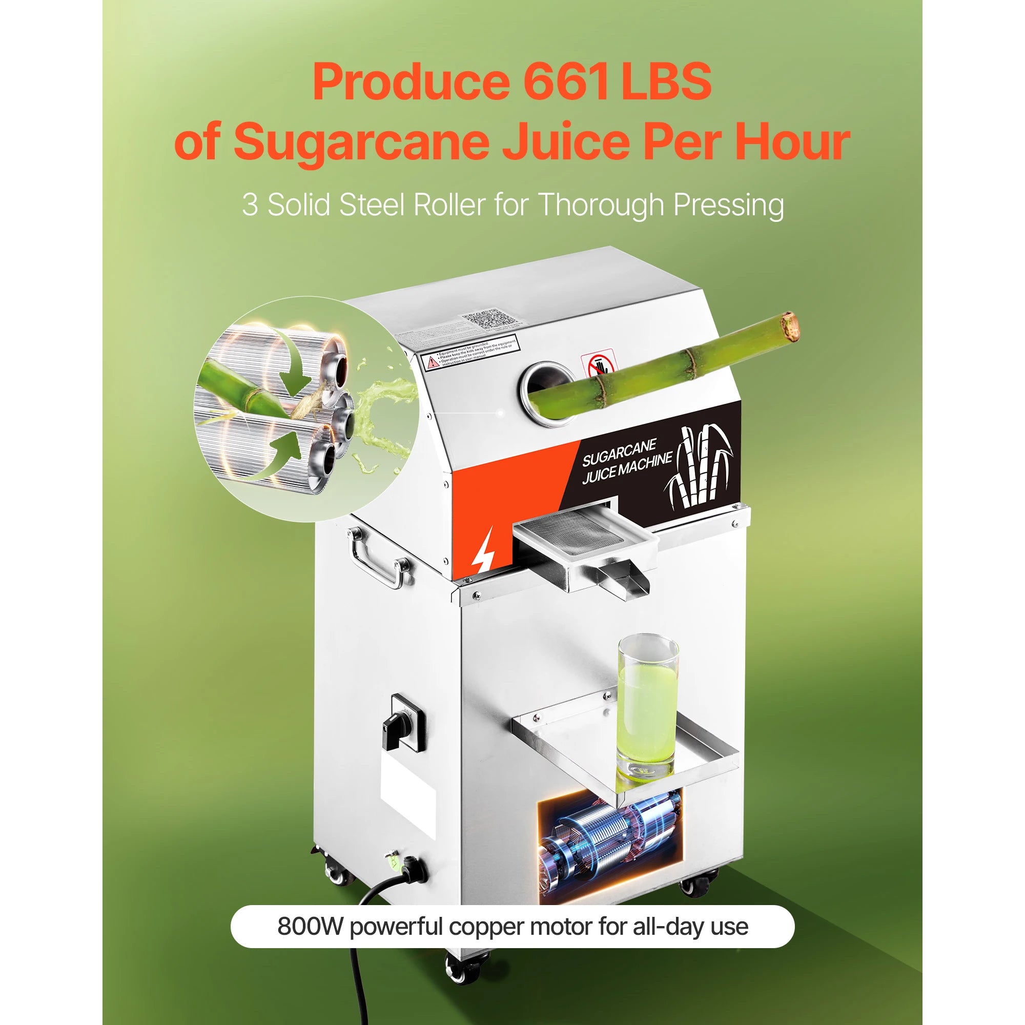 Commercial Sugar Cane Juicer 800W High Output 3-Roller Machine