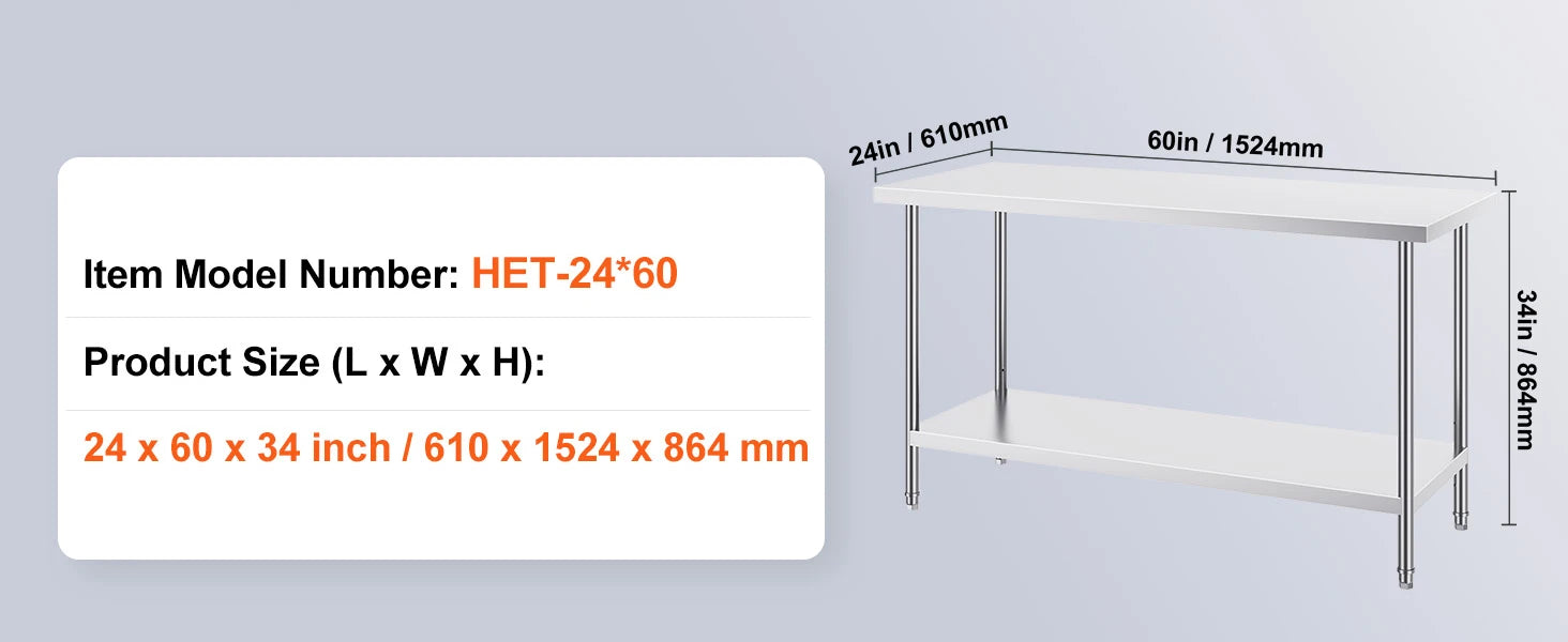 Table de préparation en acier inoxydable avec étagère réglable pour usage en cuisine