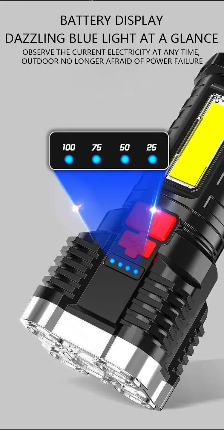 5LED High Power Led Flashlights Rechargeable Camping Spotlight with Side Light 3 Lighting Modes for Camping Adventure Outdoor 