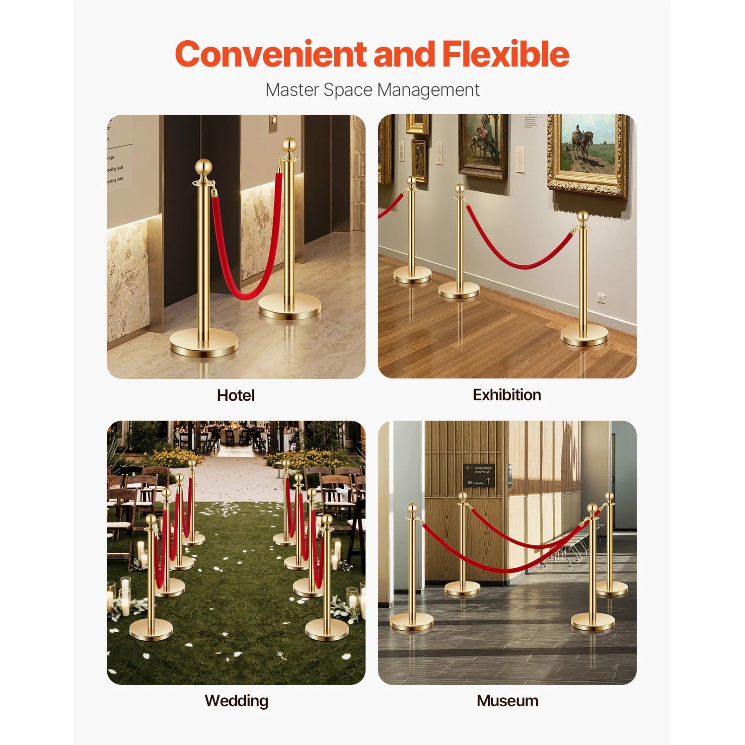 SucceBuy Corralines de acero inoxidable 4/6/8 piezas poste con base rellenable, cuerdas de terciopelo rojo y postes, barreras de control de multitudes para fiestas y museos