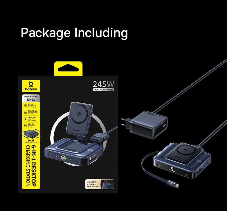 245W 6v1 stolná nabíjačka s Qi2 bezdrôtovým nabíjaním a 100W vysúvateľným USB-C