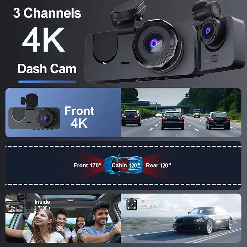 4K Dash Cam 3-Channel Front and Rear Recorder with WiFi App