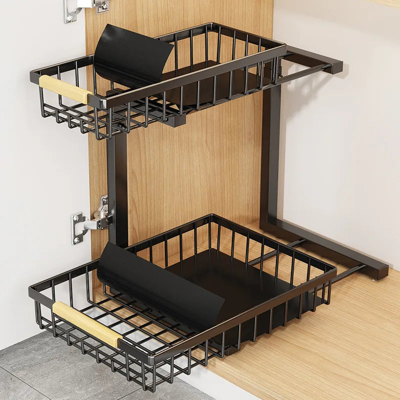 2‑Level Metal Storage Rack Under the Sink with Sliding Drawer