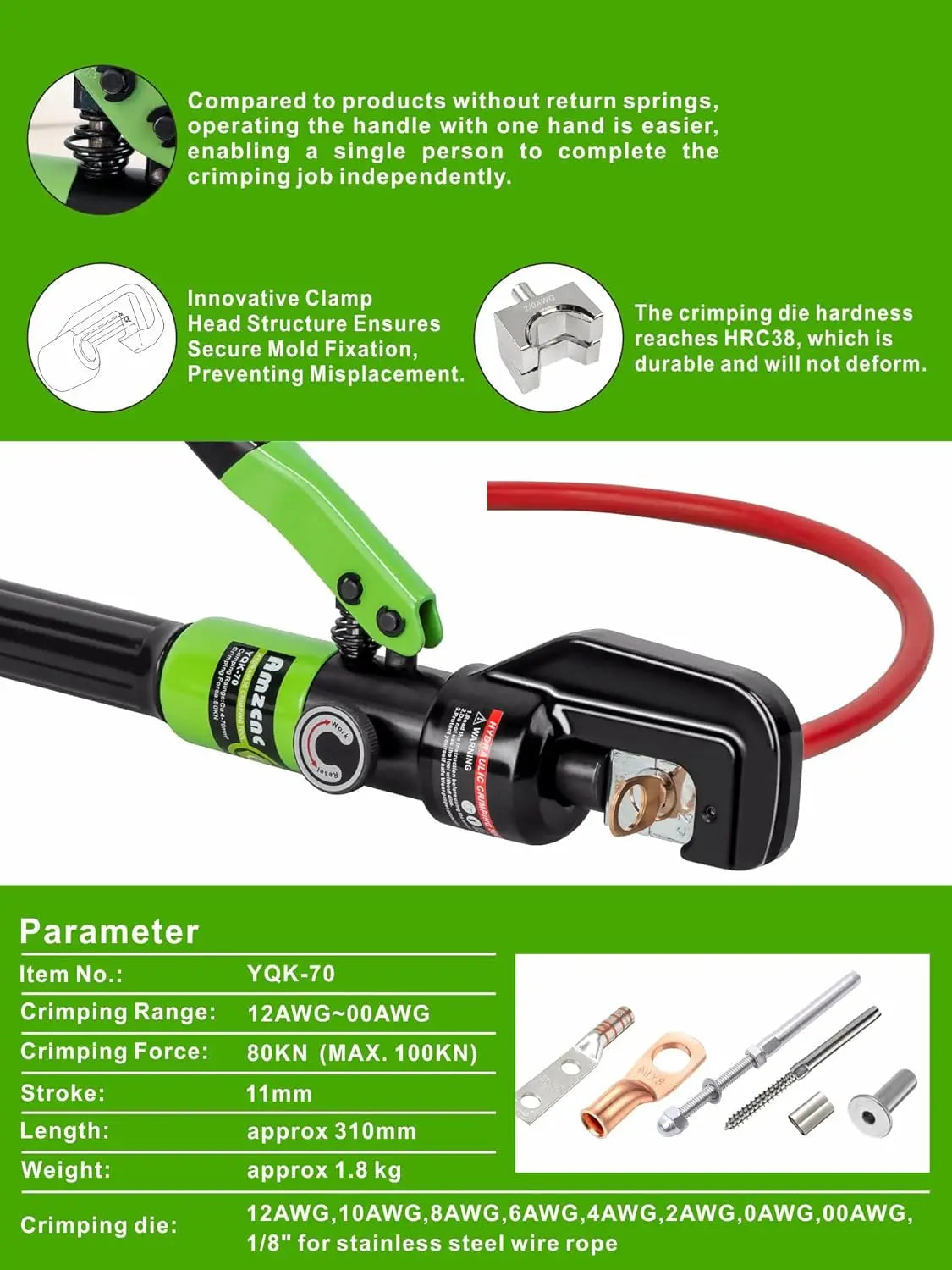 10-Ton Hydraulic Cable Crimper Kit with 9 Dies for Wire & Lugs
