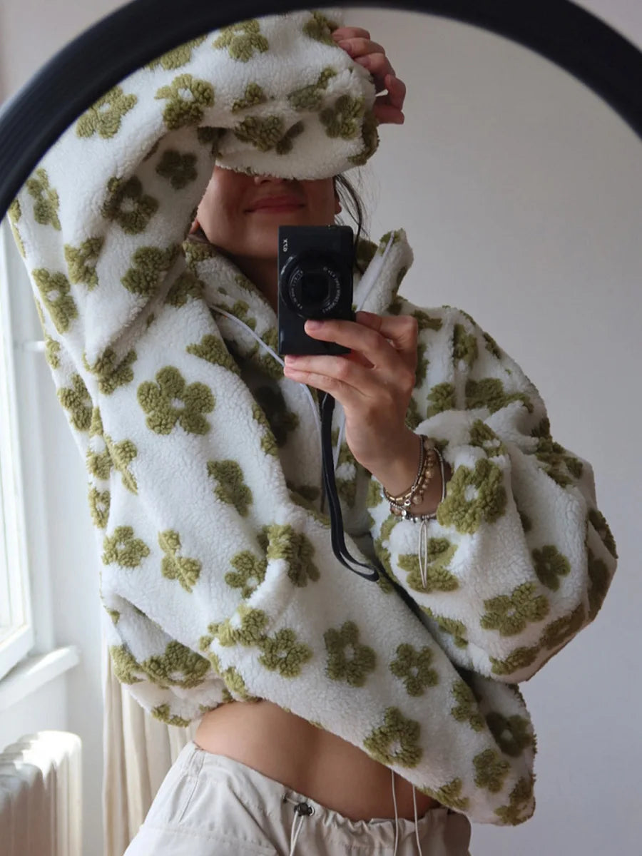 Dames Floral Sherpa Halve Rits Trui – Comfortabele Loszittende Sweater