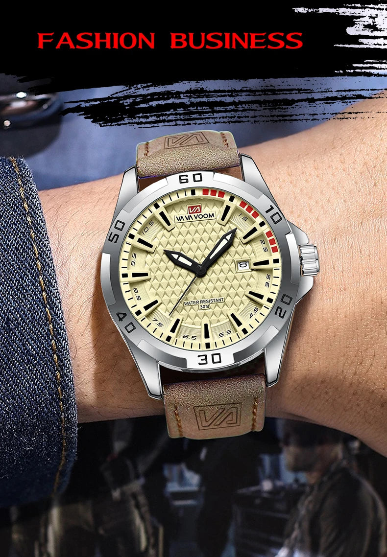VA VA VOOM Men Casual Sport Military Quartz Calendar Wrist Watch for Man Business Leather Waterproof Male Clock Relogio Masculin 