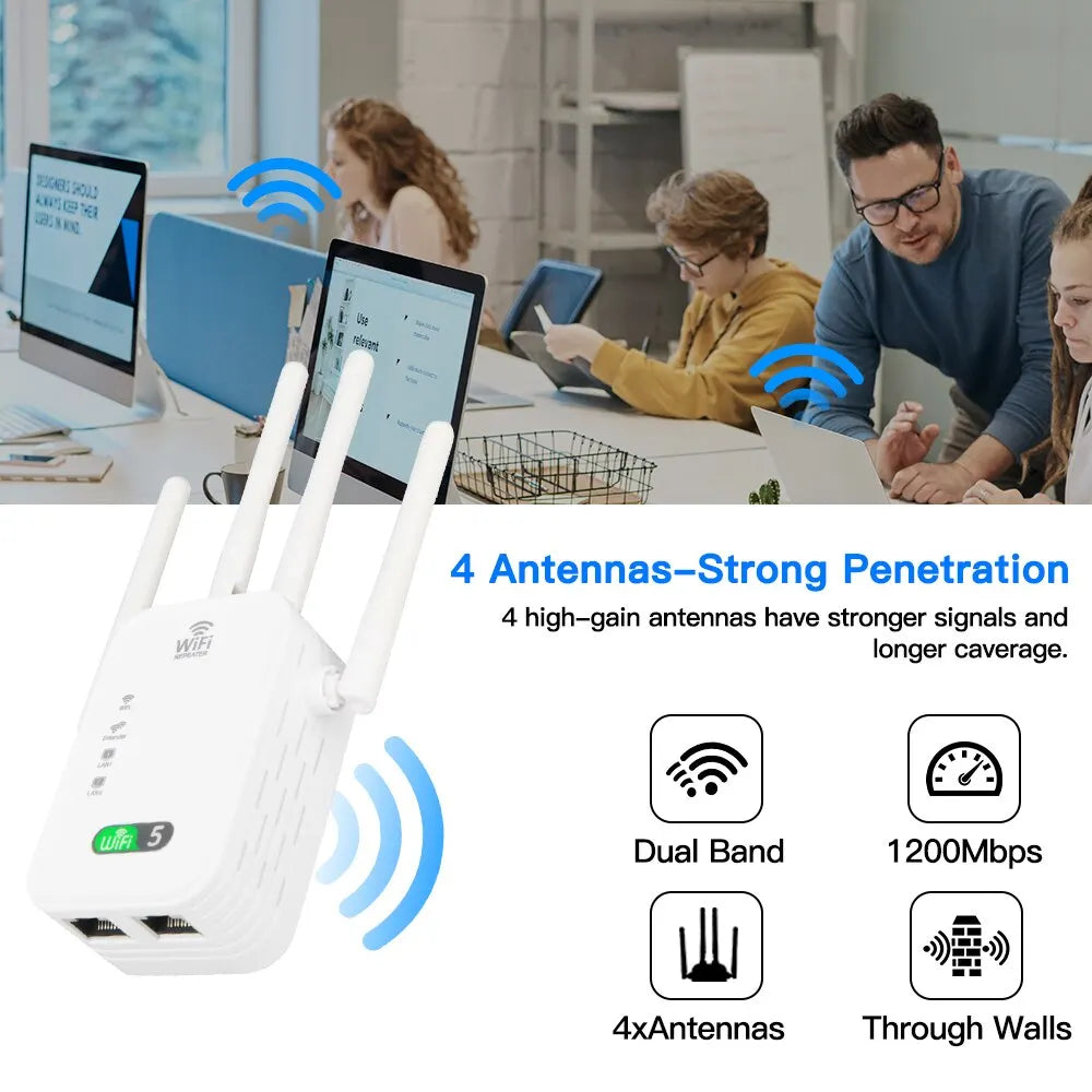 1200Mbps Dual Band WiFi Repeater Wireless Signal Extender 2.4G 5GHz Wi-Fi Amplifier Router Long Range Signal Booster For Home 