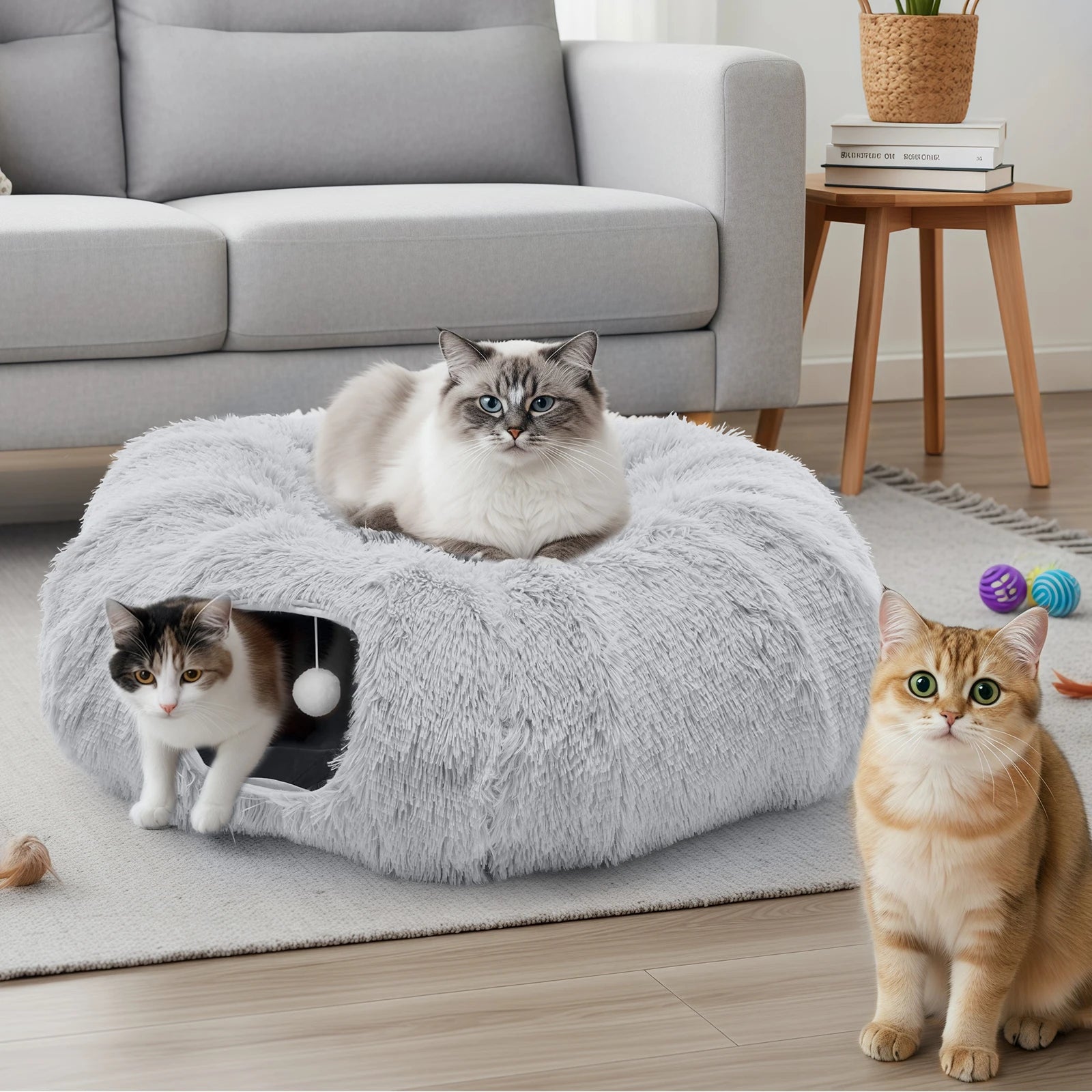 Donut Cat Tunnel Bed 3-in-1 Plush Hideout, Sleep & Play
