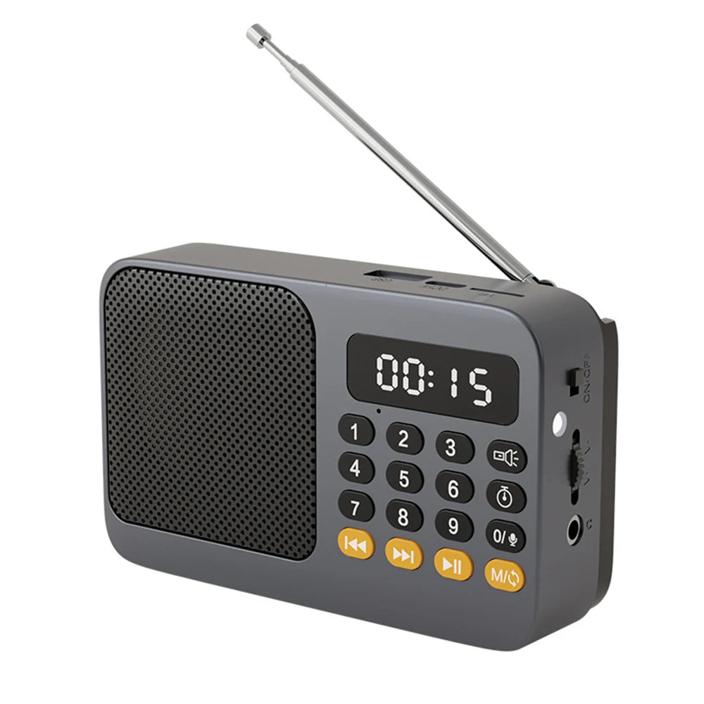 Rádio FM portátil e leitor de MP3 com ecrã LED