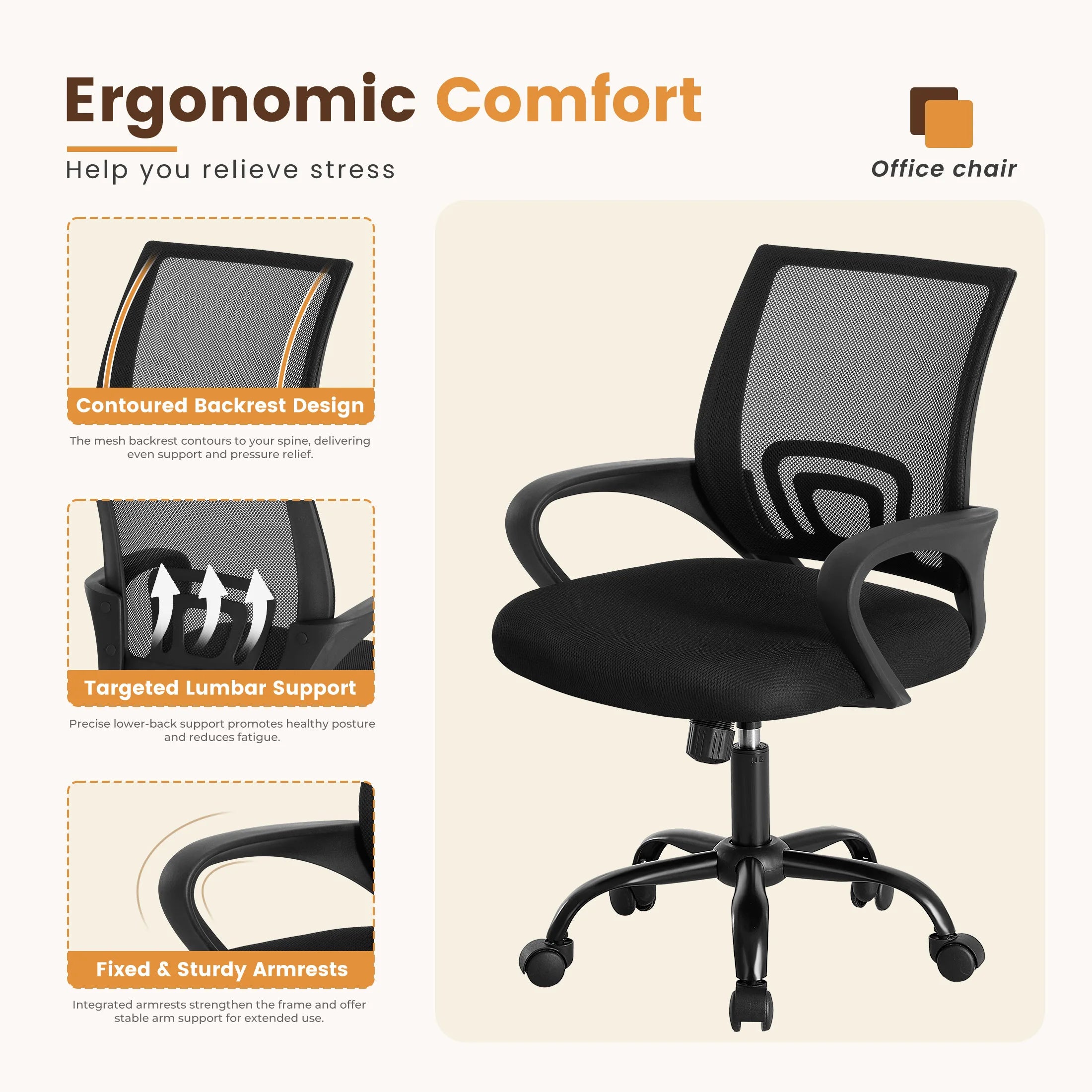 Ergonomic Mesh Office Chair with Lumbar Support & Adjustable Height