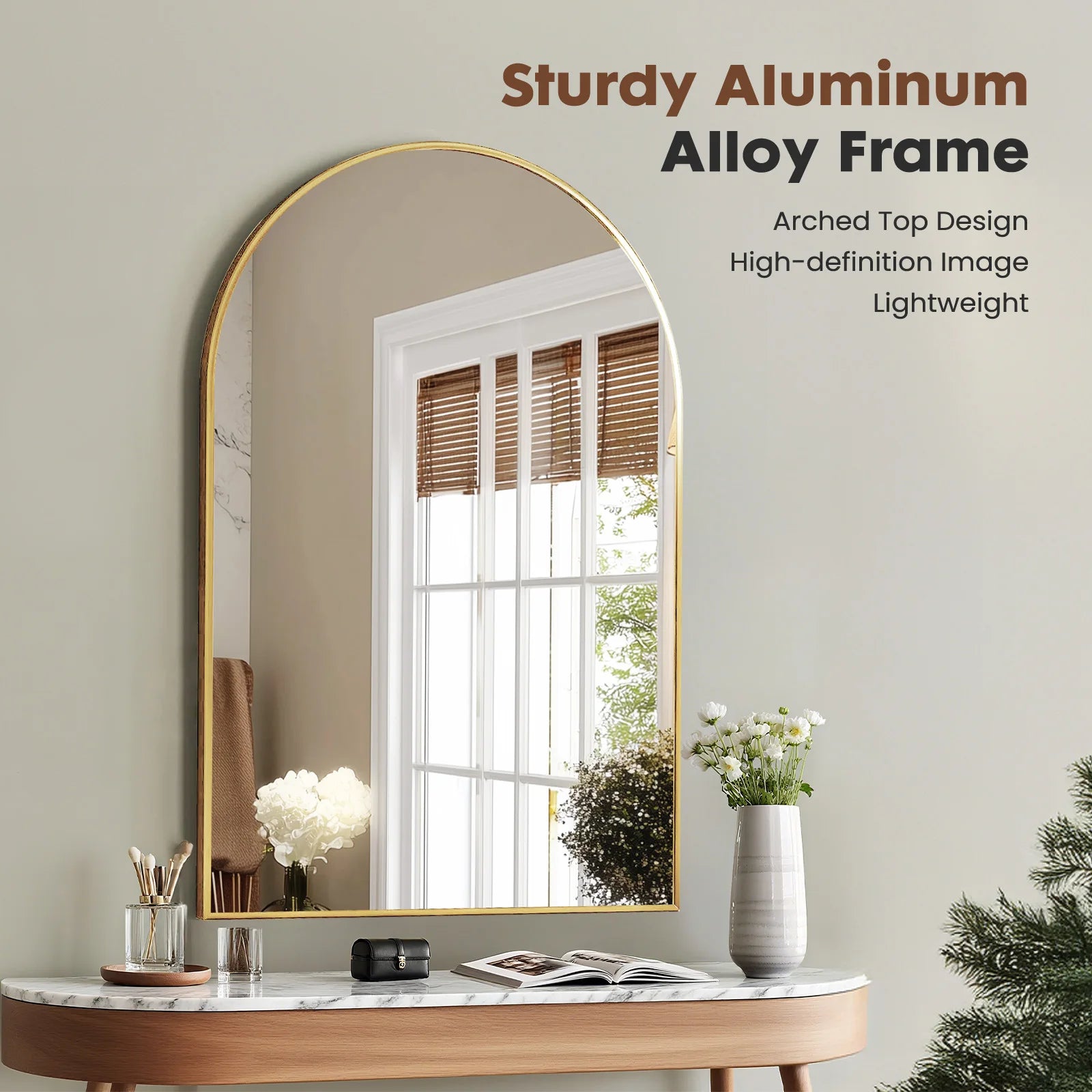 JHK 26"x38" obloukové zrcadlo s kovovým rámem pro zavěšení na zeď, skleněné zrcadlo, moderní nástěnná dekorace do ložnice a předsíně