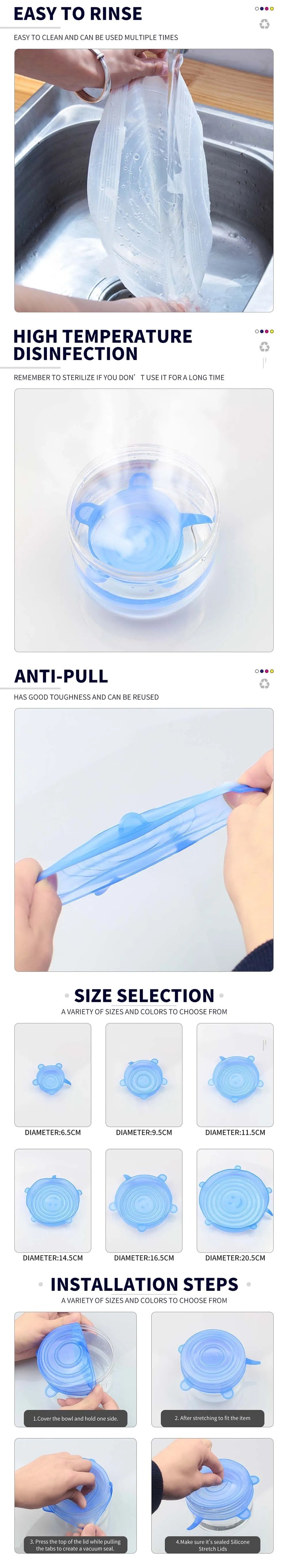 6 Pcs Silicone Cover  Stretch Lids for Kitchen Microwave Food Covers Bowl Caps Elastic Silicone Lid Cap Universal Adaptable Lids 