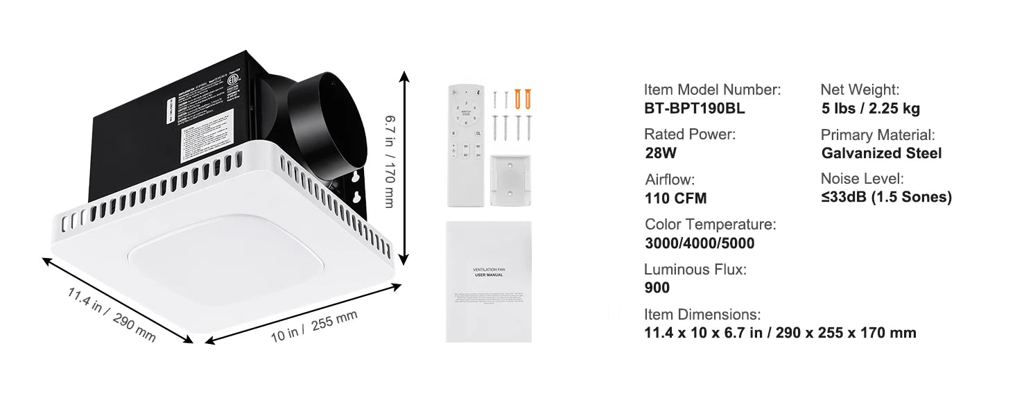 Bathroom Exhaust Fan with LED Light 80/110 CFM Quiet Heating