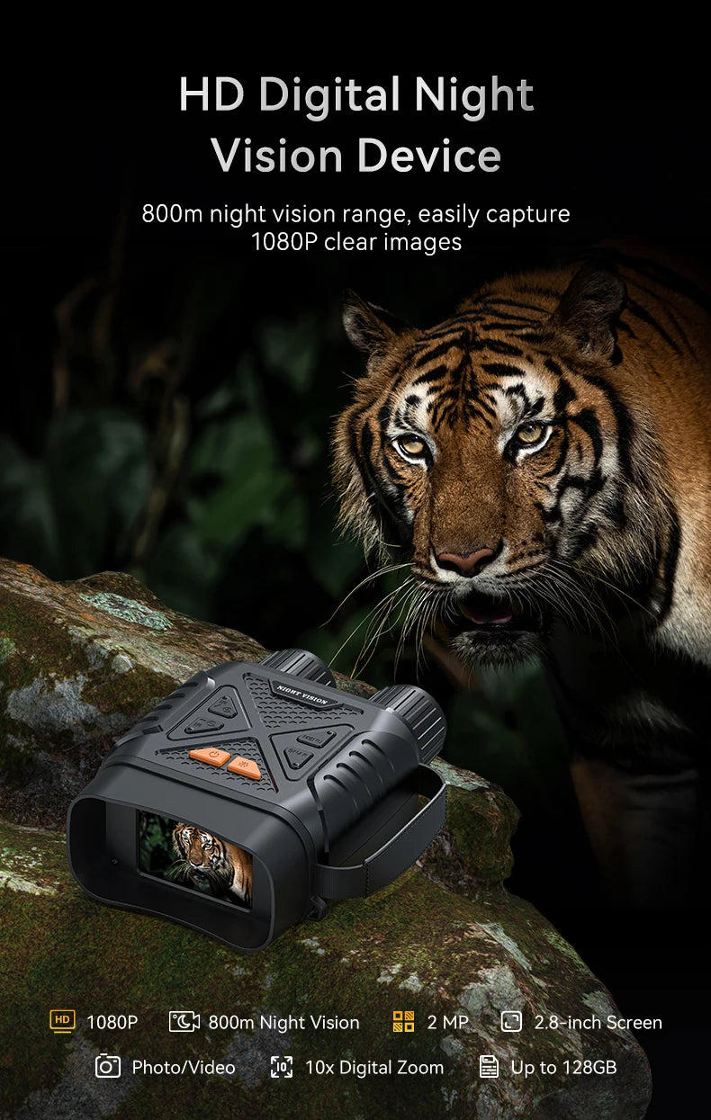131? Vision nocturne jumelles 10x Numérique 800m Plein noir Vision infrarouge Téléobjectif Goggles Écran Large 2,8” Pour le camping
