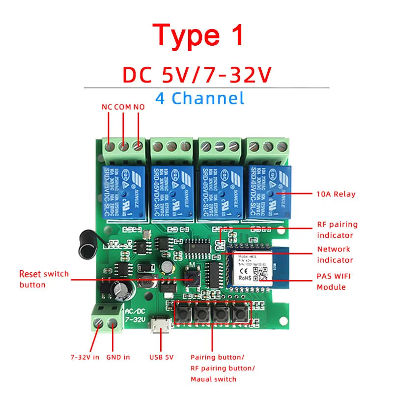 4CH Wifi Smart Home Motor Controller,DC 12V 24V 32V 220V RF433 Remote,4 Channel Relay Switch for Alice Alexa,Tuya Smart Life